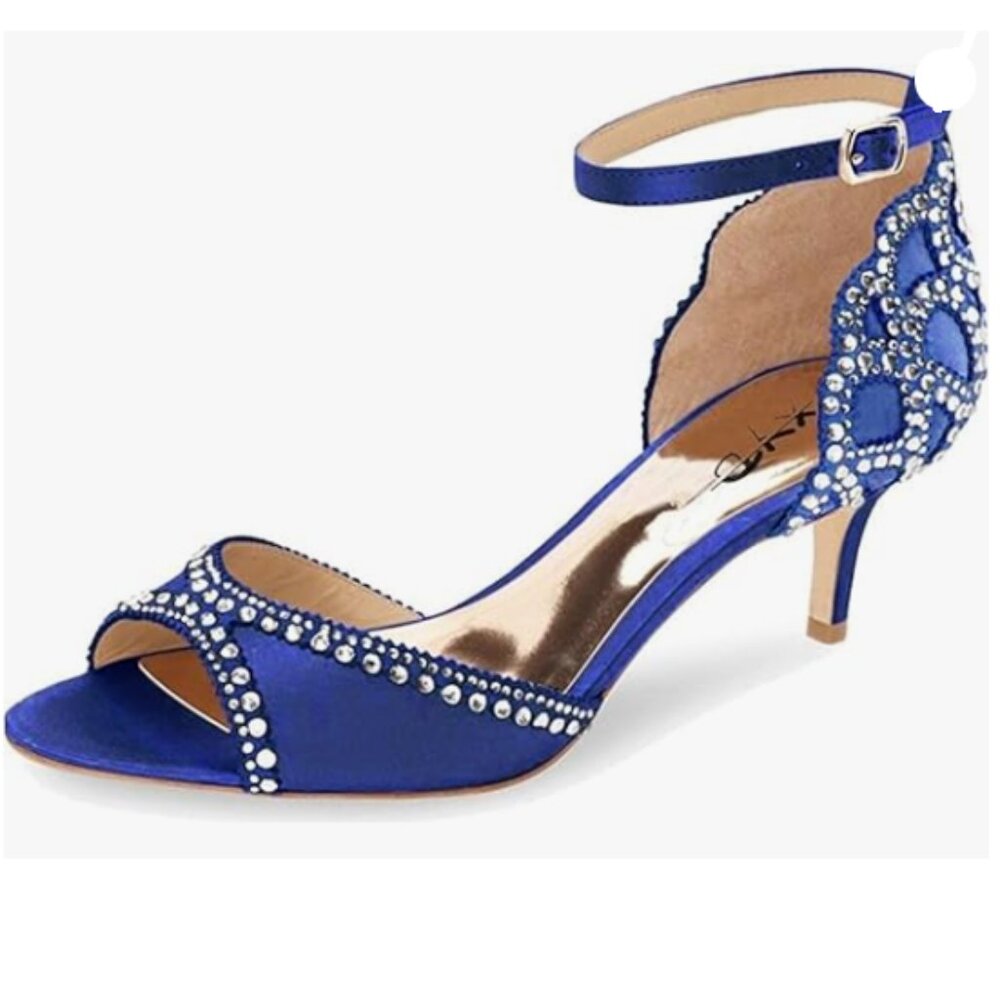 XYD Blue Chic Peep Toe D'Orsay Kitten Heel Rhinestone Studs Ankle Strap Sandal